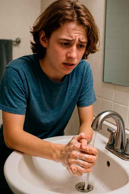 Adolescente lavando as mãos